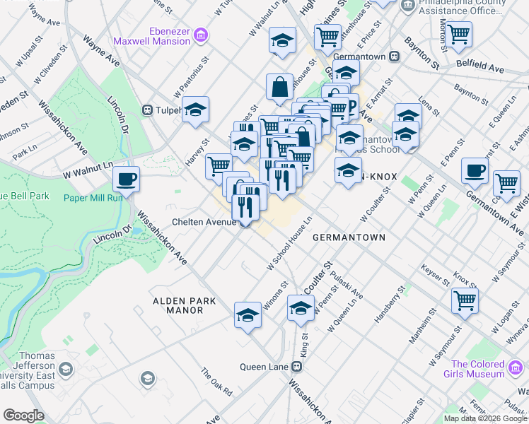 map of restaurants, bars, coffee shops, grocery stores, and more near 234 West Chelten Avenue in Philadelphia