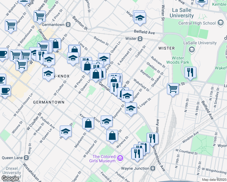 map of restaurants, bars, coffee shops, grocery stores, and more near 5109 Germantown Avenue in Philadelphia