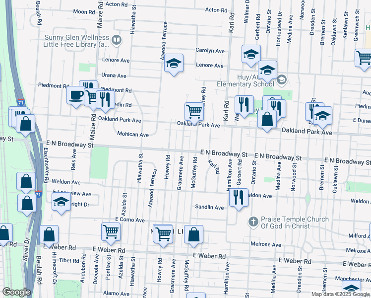 map of restaurants, bars, coffee shops, grocery stores, and more near 3156 Grasmere Avenue in Columbus