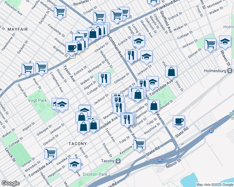 map of restaurants, bars, coffee shops, grocery stores, and more near 7136 Glenloch Street in Philadelphia