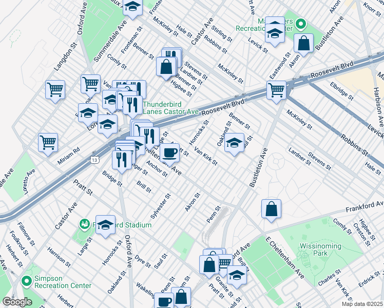 map of restaurants, bars, coffee shops, grocery stores, and more near 1513 Alcott Street in Philadelphia