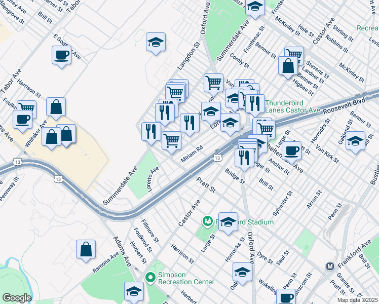 map of restaurants, bars, coffee shops, grocery stores, and more near 5546 Miriam Road in Philadelphia