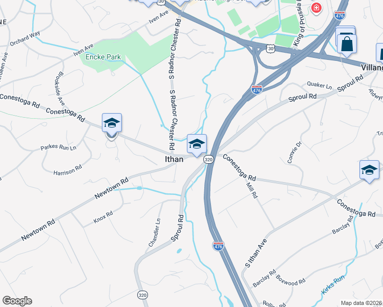 map of restaurants, bars, coffee shops, grocery stores, and more near 629 Conestoga Road in Villanova