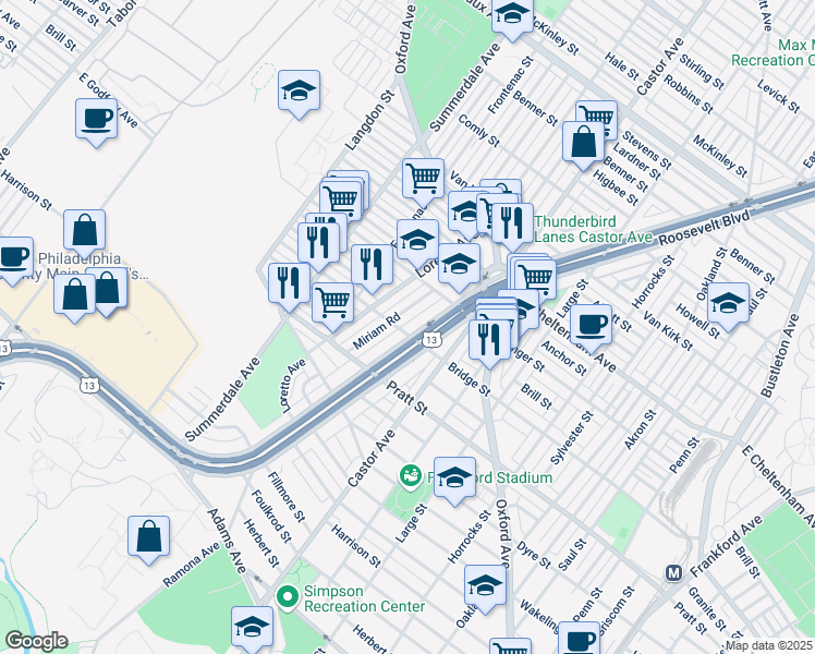 map of restaurants, bars, coffee shops, grocery stores, and more near 5300 Roosevelt Boulevard in Philadelphia