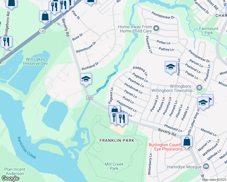 map of restaurants, bars, coffee shops, grocery stores, and more near 1 Pond Lane in Willingboro