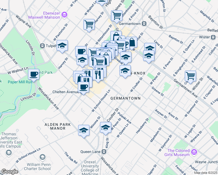 map of restaurants, bars, coffee shops, grocery stores, and more near 5500 Wayne Avenue in Philadelphia