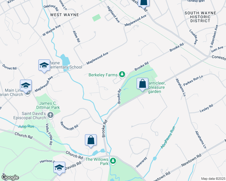 map of restaurants, bars, coffee shops, grocery stores, and more near 108 Overlook Lane in Saint Davids