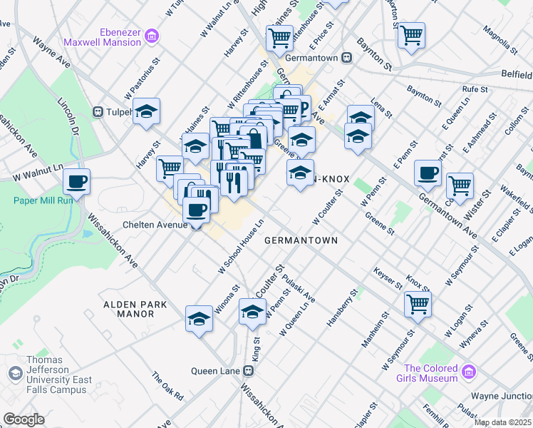 map of restaurants, bars, coffee shops, grocery stores, and more near Wayne Avenue & West School House Lane in Philadelphia