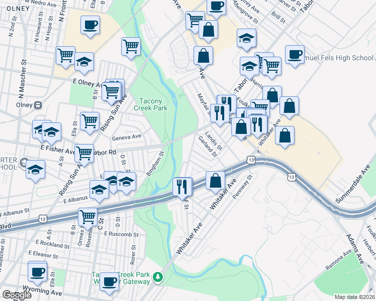 map of restaurants, bars, coffee shops, grocery stores, and more near 5202 F Street in Philadelphia