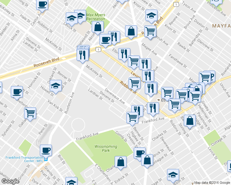 map of restaurants, bars, coffee shops, grocery stores, and more near 6206 Revere Street in Philadelphia