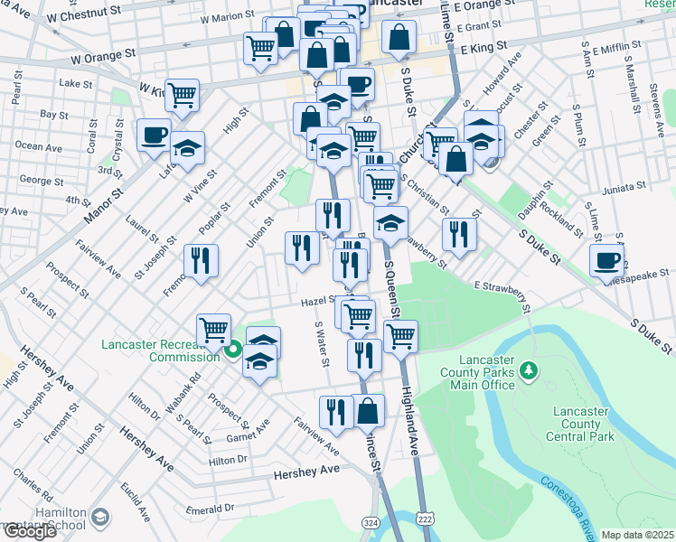 map of restaurants, bars, coffee shops, grocery stores, and more near 432 South Prince Street in Lancaster