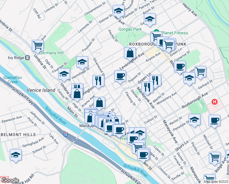 map of restaurants, bars, coffee shops, grocery stores, and more near 245-47 Dupont Place in Philadelphia