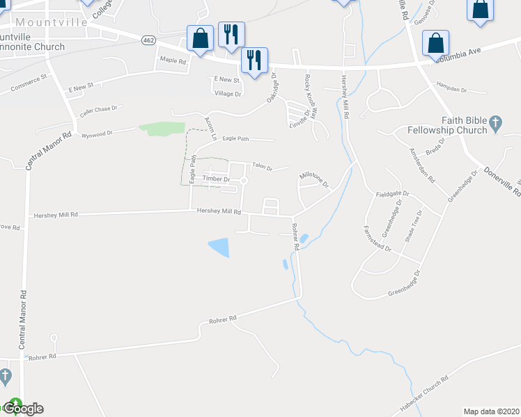 map of restaurants, bars, coffee shops, grocery stores, and more near 104 Horseshoe Loop in Mountville