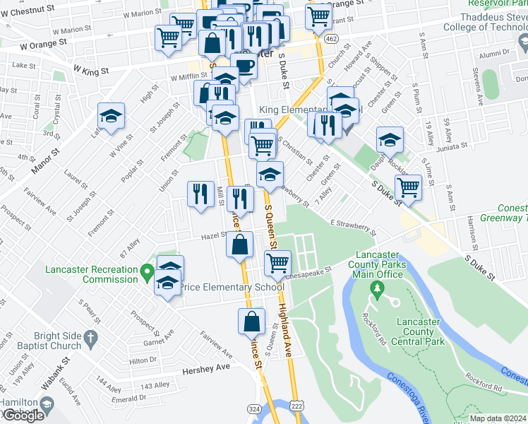 map of restaurants, bars, coffee shops, grocery stores, and more near 438 South Queen Street in Lancaster