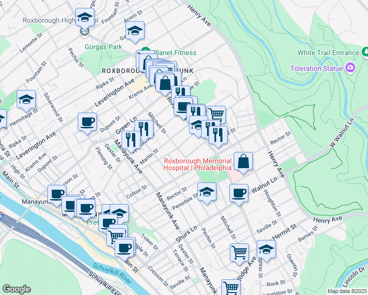 map of restaurants, bars, coffee shops, grocery stores, and more near 461 Monastery Avenue in Philadelphia