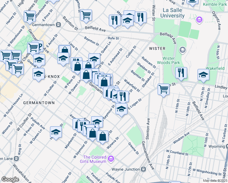 map of restaurants, bars, coffee shops, grocery stores, and more near 32 East Wister Street in Philadelphia
