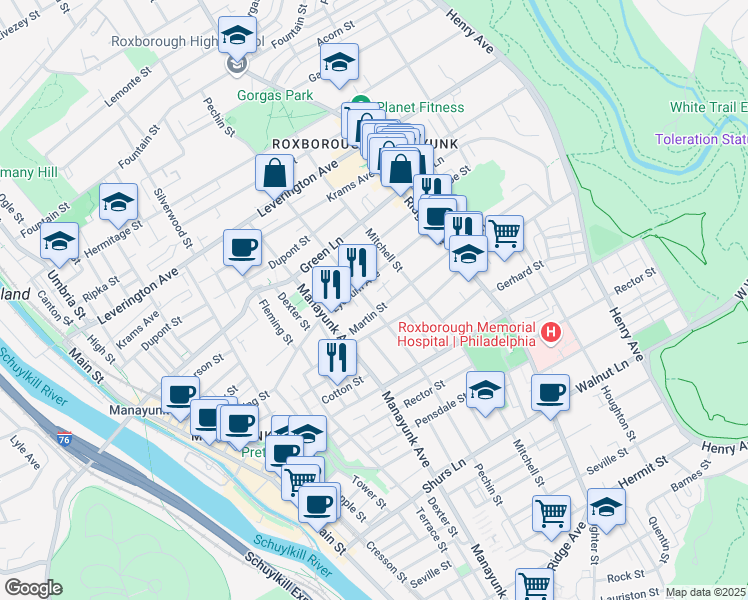 map of restaurants, bars, coffee shops, grocery stores, and more near 4377 Pechin Street in Philadelphia