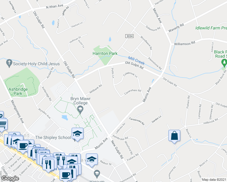 map of restaurants, bars, coffee shops, grocery stores, and more near 808 Potts Lane in Bryn Mawr