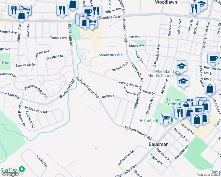 map of restaurants, bars, coffee shops, grocery stores, and more near 1509 Passey Lane in Lancaster