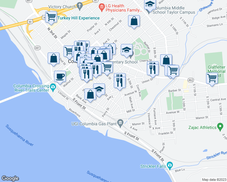 map of restaurants, bars, coffee shops, grocery stores, and more near 329 Union Street in Columbia