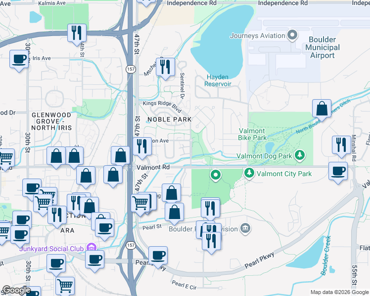 map of restaurants, bars, coffee shops, grocery stores, and more near 4876 Darwin Court in Boulder