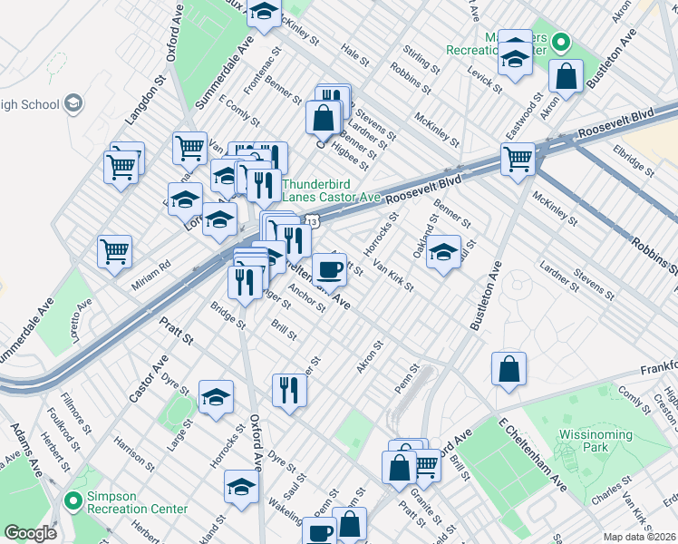 map of restaurants, bars, coffee shops, grocery stores, and more near 1439 Rosalie Street in Philadelphia