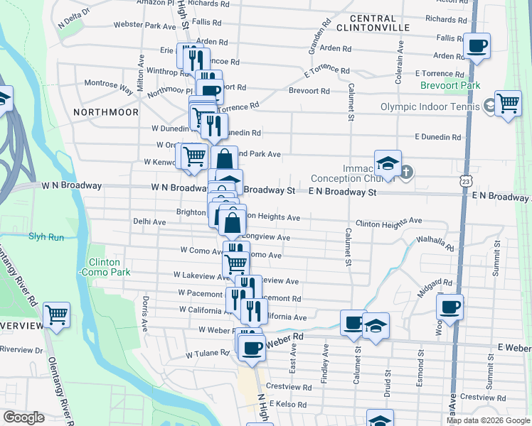 map of restaurants, bars, coffee shops, grocery stores, and more near 80 Clinton Heights Avenue in Columbus