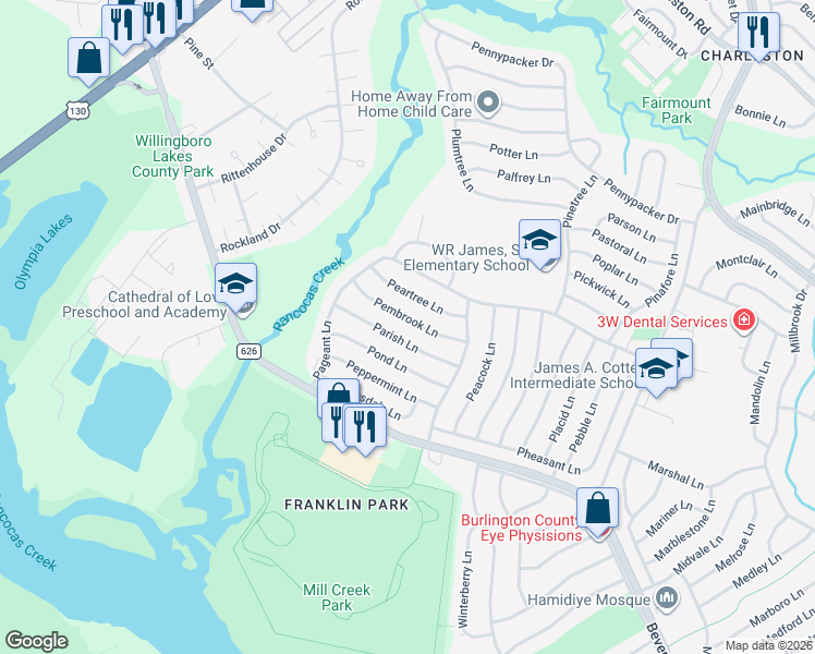map of restaurants, bars, coffee shops, grocery stores, and more near 38 Pembrook Lane in Willingboro