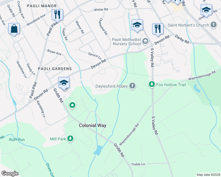 map of restaurants, bars, coffee shops, grocery stores, and more near 142 Chapel Hill Circle in Paoli