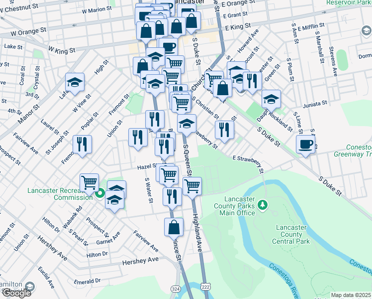 map of restaurants, bars, coffee shops, grocery stores, and more near 437 South Queen Street in Lancaster