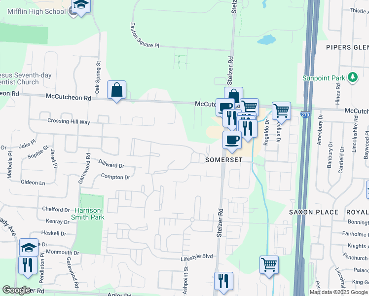map of restaurants, bars, coffee shops, grocery stores, and more near 3753 Emery Club Way in Columbus
