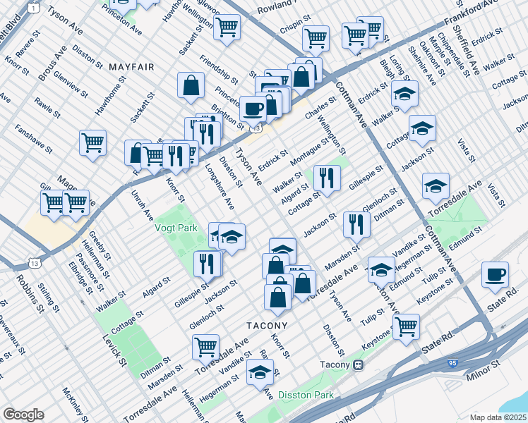 map of restaurants, bars, coffee shops, grocery stores, and more near 4313 Disston Street in Philadelphia