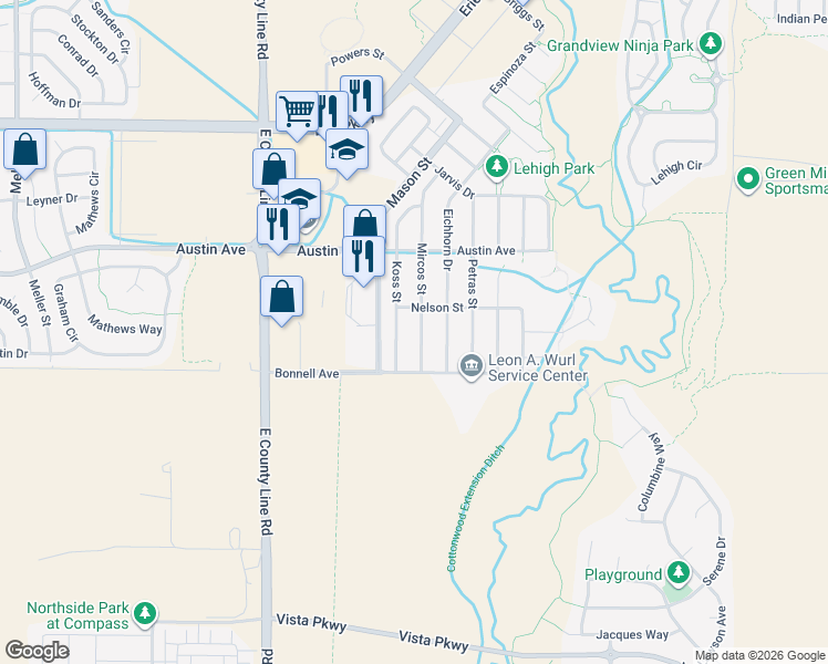map of restaurants, bars, coffee shops, grocery stores, and more near 1126 Mircos Street in Erie