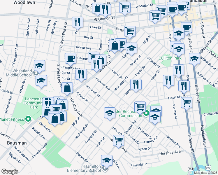 map of restaurants, bars, coffee shops, grocery stores, and more near 119 Fairview Avenue in Lancaster