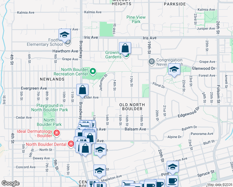 map of restaurants, bars, coffee shops, grocery stores, and more near 3005 14th Street in Boulder