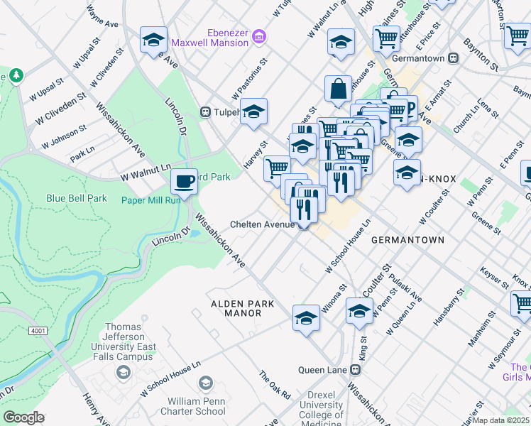map of restaurants, bars, coffee shops, grocery stores, and more near 5811 Morris Street in Philadelphia