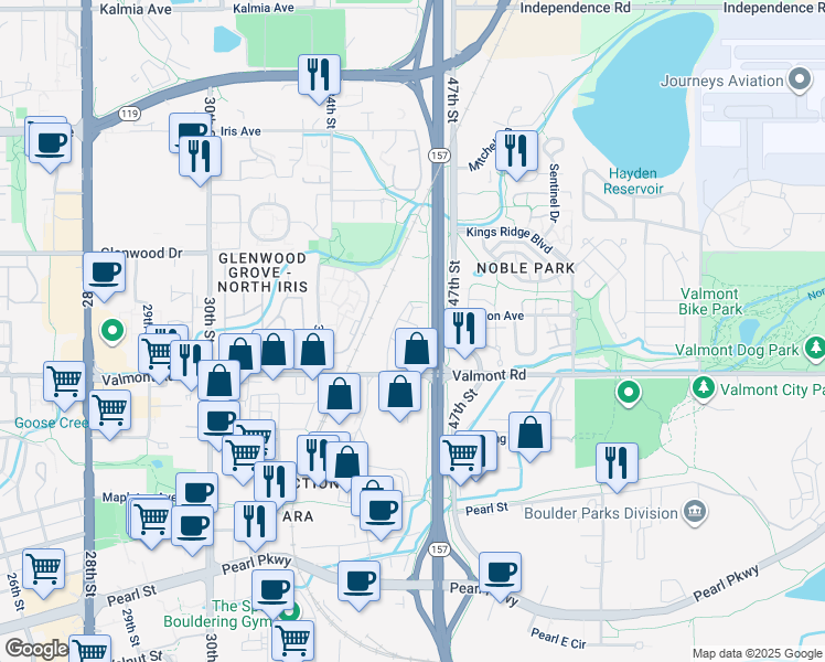 map of restaurants, bars, coffee shops, grocery stores, and more near 3030 Center Green Dr in Boulder