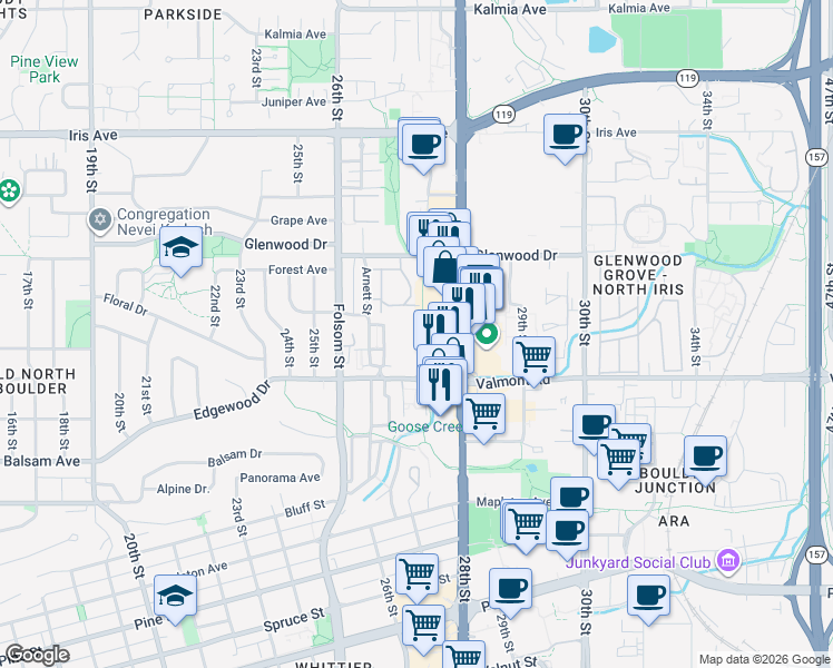 map of restaurants, bars, coffee shops, grocery stores, and more near 3101 28th Street in Boulder