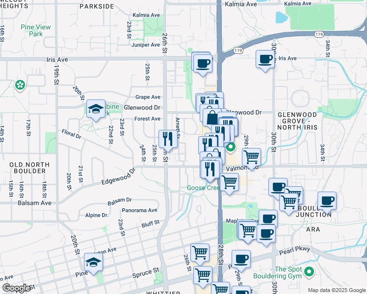map of restaurants, bars, coffee shops, grocery stores, and more near 3066 Littleleaf Lane in Boulder