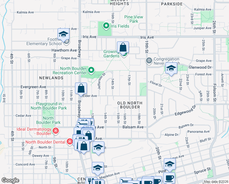 map of restaurants, bars, coffee shops, grocery stores, and more near 3005 14th Street in Boulder