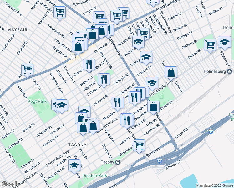 map of restaurants, bars, coffee shops, grocery stores, and more near 7136 Glenloch Street in Philadelphia