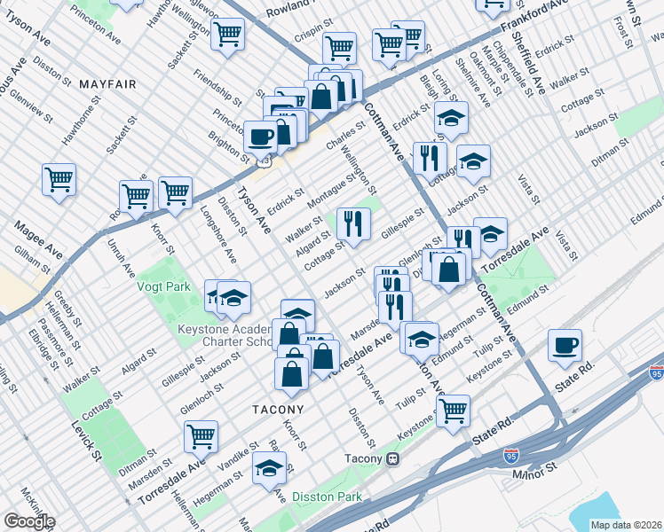 map of restaurants, bars, coffee shops, grocery stores, and more near 7032 Gillespie Street in Philadelphia
