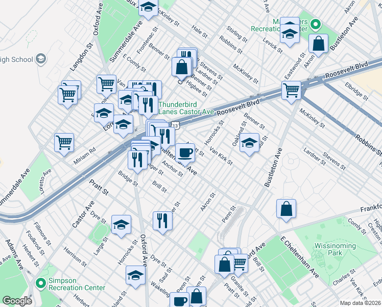 map of restaurants, bars, coffee shops, grocery stores, and more near 1439 Rosalie Street in Philadelphia