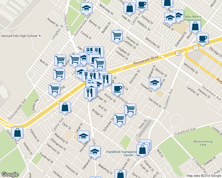 map of restaurants, bars, coffee shops, grocery stores, and more near 1401 East Cheltenham Avenue in Philadelphia