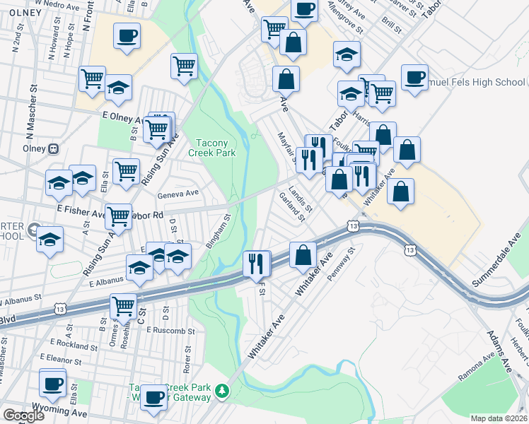 map of restaurants, bars, coffee shops, grocery stores, and more near 5202 F Street in Philadelphia
