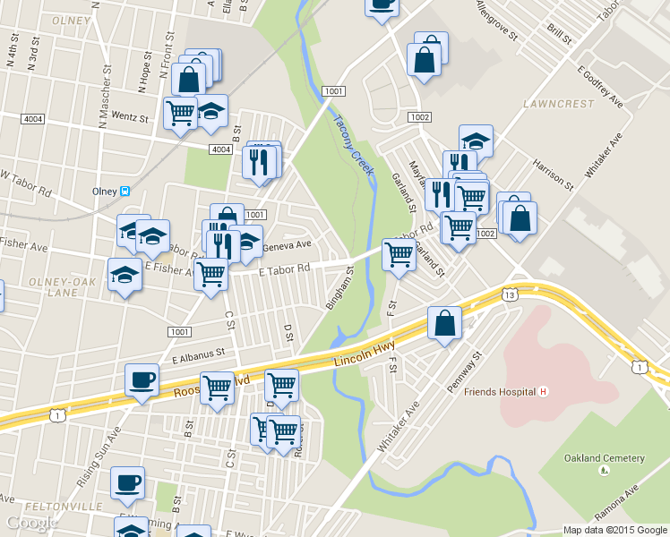 map of restaurants, bars, coffee shops, grocery stores, and more near 634 East Tabor Road in Philadelphia