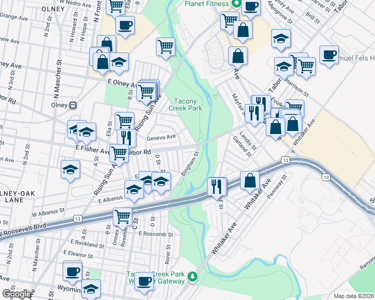 map of restaurants, bars, coffee shops, grocery stores, and more near 634 East Tabor Road in Philadelphia