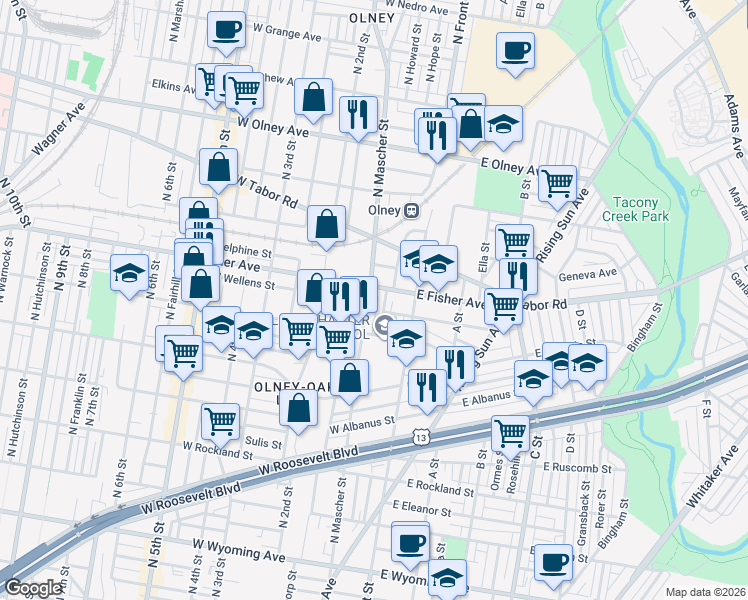 map of restaurants, bars, coffee shops, grocery stores, and more near 5236 North Mascher Street in Philadelphia