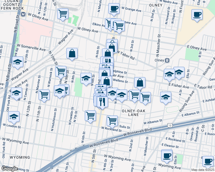 map of restaurants, bars, coffee shops, grocery stores, and more near in Philadelphia