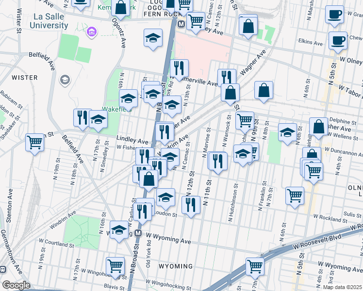 map of restaurants, bars, coffee shops, grocery stores, and more near 5107 North 13th Street in Philadelphia
